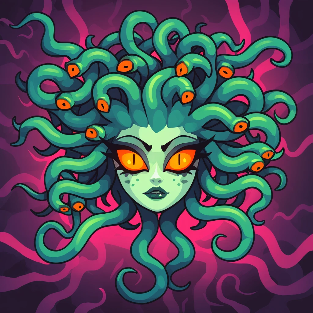 Medusa, Evil-Eyed Serpent in tentacle patches art style