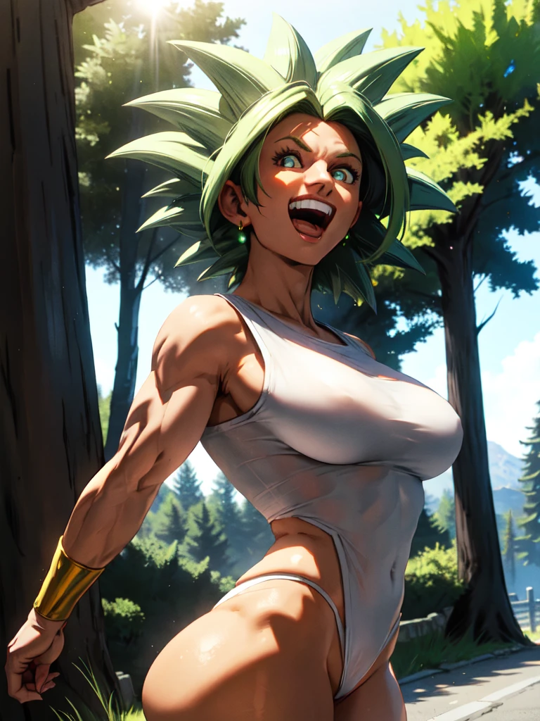 xyzkefla, masterpiece, best quality, green hair, muscular female, green eyes, ((wearing a white tshirt)), (black panties), bracer, midriff, looking at viewer, open mouth, happy, smilling, outside, trees, sunny day, standing, (wearing a black thong), 