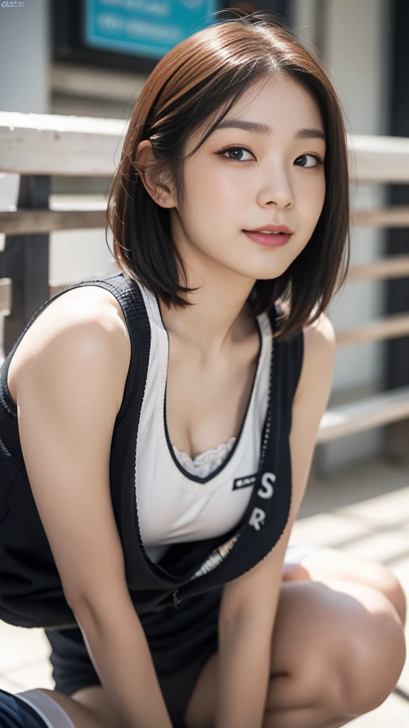 Highly detailed CG unity 8k wallpaper, of the highest quality, Super detailed, masutepiece, Realistic, photographrealistic, extremely detailed cute girl, 25yo, cleavage , (perspired) , Round eyes, peeping at the viewer, Blush, Smile, parted lip, Semi-body shot , Realistic、track suit、Realistic reproduction with vests , Panties , Squat, sports gym, short hair