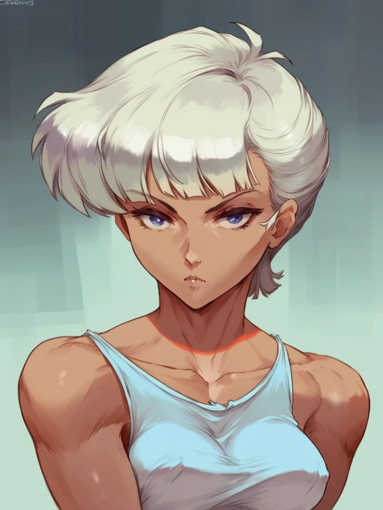 Face of a mature girl, white hair, blue eyes, tank top, dark skin