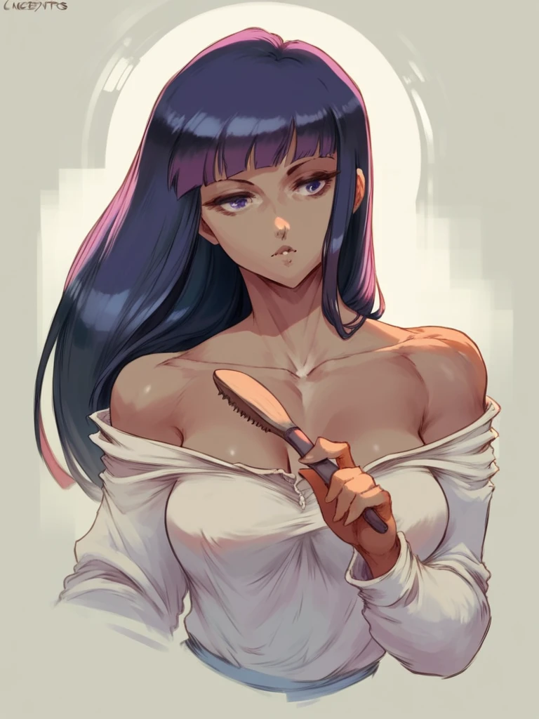 cutesexyrobutts style, muted pastel colors, retro anime, 1990s anime, 1980s anime, brush strokes, beautiful dark-skinned woman, classic retro anime style, violet myers, glossy body, blunt bangs, glistening skin, highly detailed, 8k, hyper realistic, cinematic lighting, dramatic shadows, vibrant colors, masterpiece,