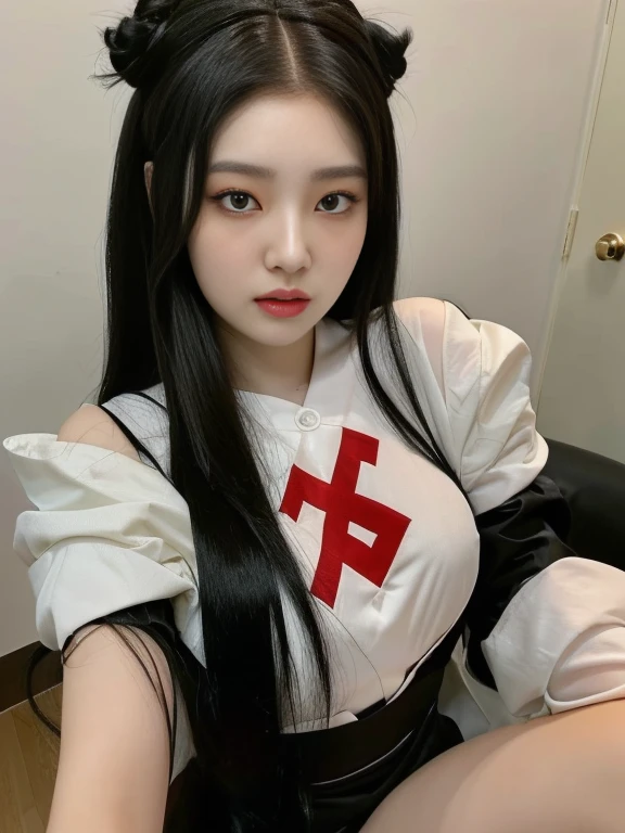 There is a woman who is sitting with yellow eyes, ulzzang, korean girl, with long hair and piercing eyes, Sakimichan, pale korean adorable face, cruel korean gothic girl, Beautiful young Korean woman, beautiful south korean woman, 8k selfie photography, anime girl in real life, young and adorable korean face, with long hair, jaeyeon nam