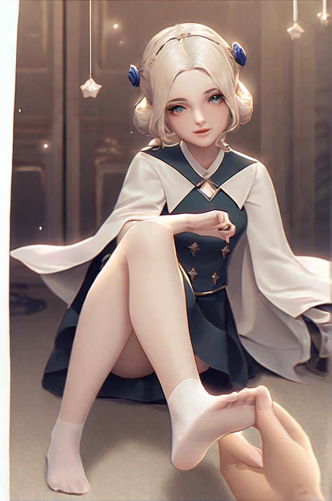 ((Лучшее качество)), ((шедевр)), (подробный), Ning Guang fingering a man's penis with her feet, first person view, uncensored, horny