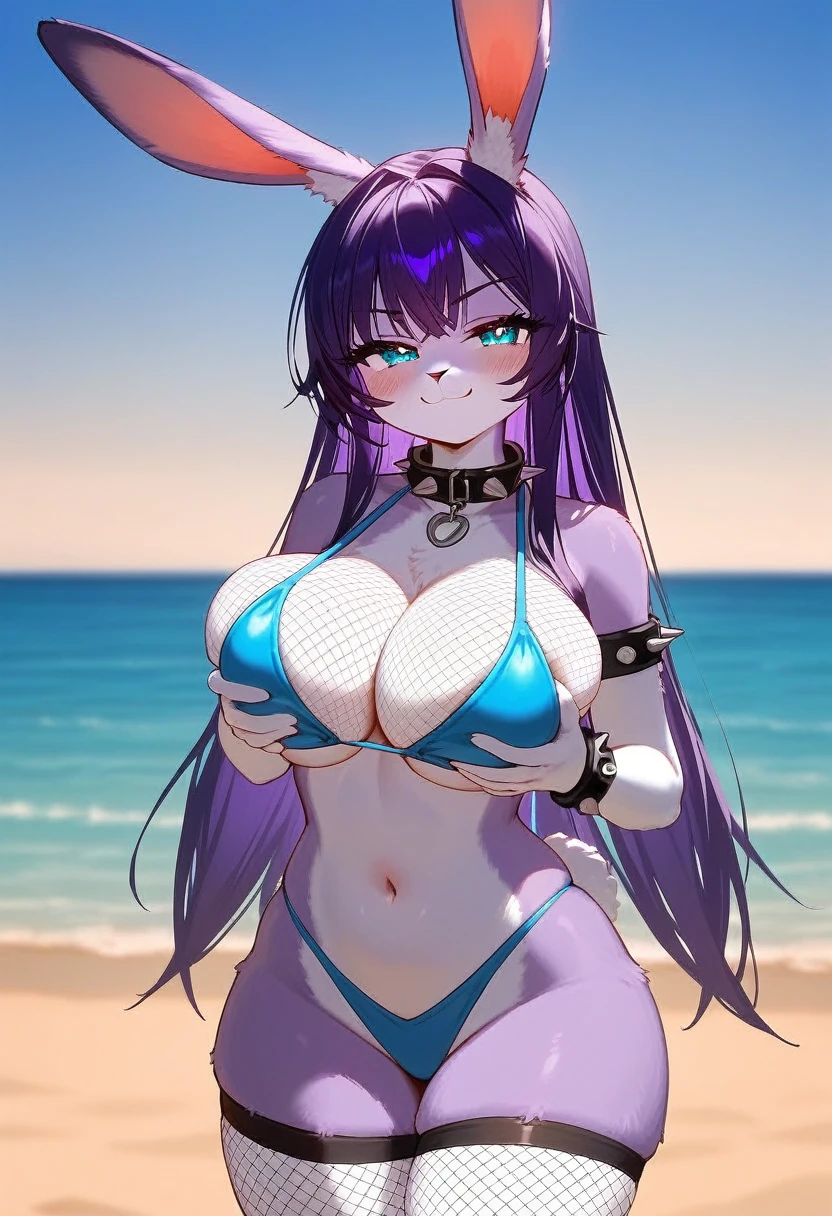solo, uploaded the e621, detailed portrait of a female anthro Rabbit, zenematic lighting, standing, smug smile, (half-closed eyes), purple Hair, purple Tail, (slutty blue microkini, Fishnet stockings, spiked collar, spiked wristband), (cyan eyes), looking at the viewer, (big breasts, hips), (rabbit), (beach, sunny day), (white and purple body, two-tone fur), extremely detailed, extremely detailed legs, extremely detailed arms, extremely detailed face, perfectly detailed eyes, perfectly detailed anatomy), perfect lighting, seductive, breast grab, (breast lift), presenting breasts, smug,