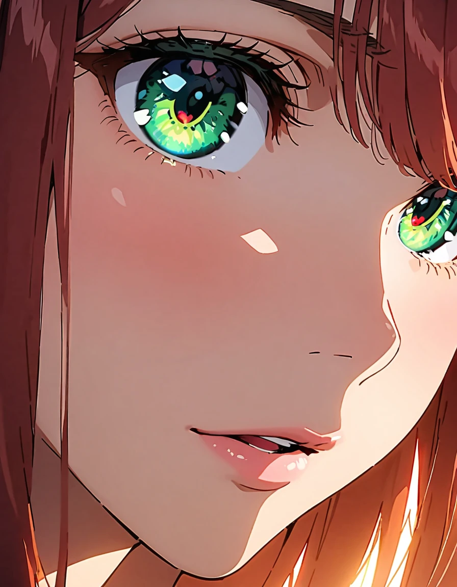 masterpiece, highest quality, movie stills, high resolution, perfect skin, perfect face, 1 woman, beautiful adult woman, redhead, very long auburn straight hair, bangs, aquamarine-green eyes, shiny eyes, red pupils, close, bright, lustful, warm and soft lighting, (spark:0.7), portrait, eye focus