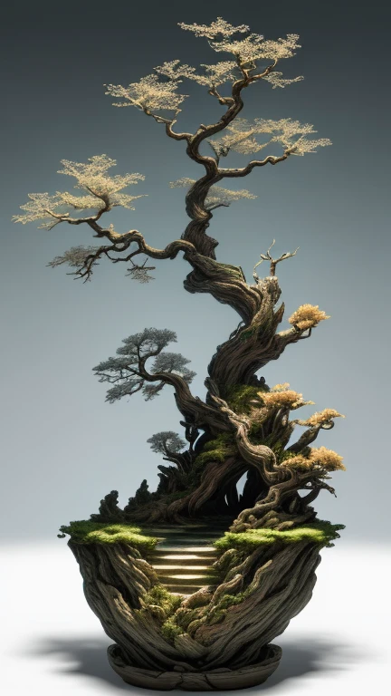 best quality, realistic, photorealistic, divine tree entwined with dead roots with many twining roots and mountains, "unique pots of relief and steep cliffs"
((Miniature landscape)),(Chinese architecture),Divine Tree,
very detailed carving on coral rock "pot with root relief",
Ultra wide angle, Accent Lighting, Volumetric Lighting, backlight, (detailed light),((very subtle and beautiful)),dramatic_shadow,ray_tracing,hdr
