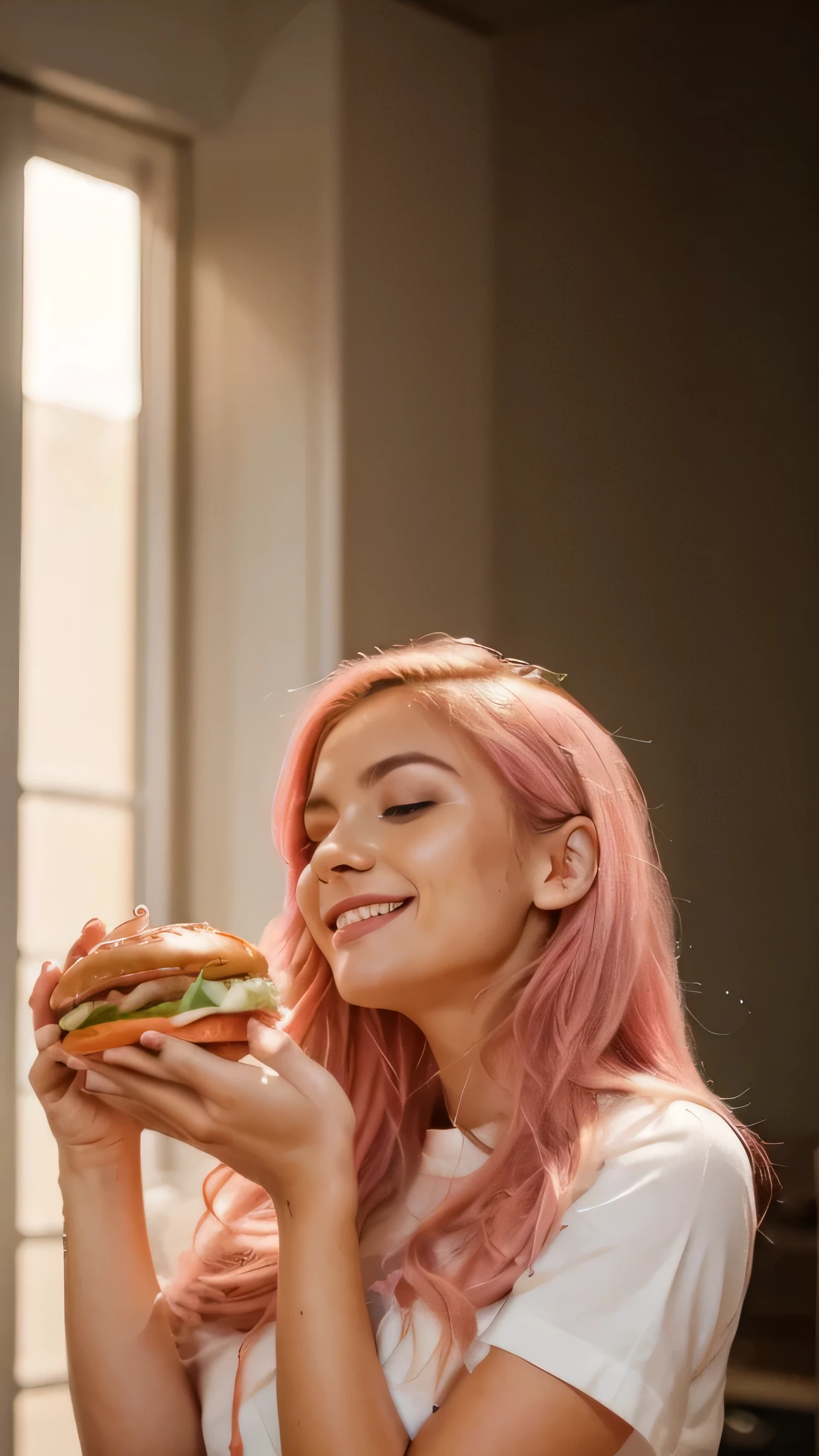 Create a realistic portrait of a beautiful Brazilian influencer named Isabela Costa. She is 1.75 m tall and weighs 58 kg, with straight pink hair, styled elegantly and without frizz. Isabela has large, expressive light green eyes and an oval face with delicate, symmetrical features. Her makeup is subtle, highlighting her natural beauty, Holding a hamburger with both hands. She should be in a pose of appreciation, with her eyes closed and a smile of satisfaction on her face. The background of the image should be solid red to highlight the figure and the hamburger. Her facial expression should convey pleasure and contentment while savoring the hamburger.