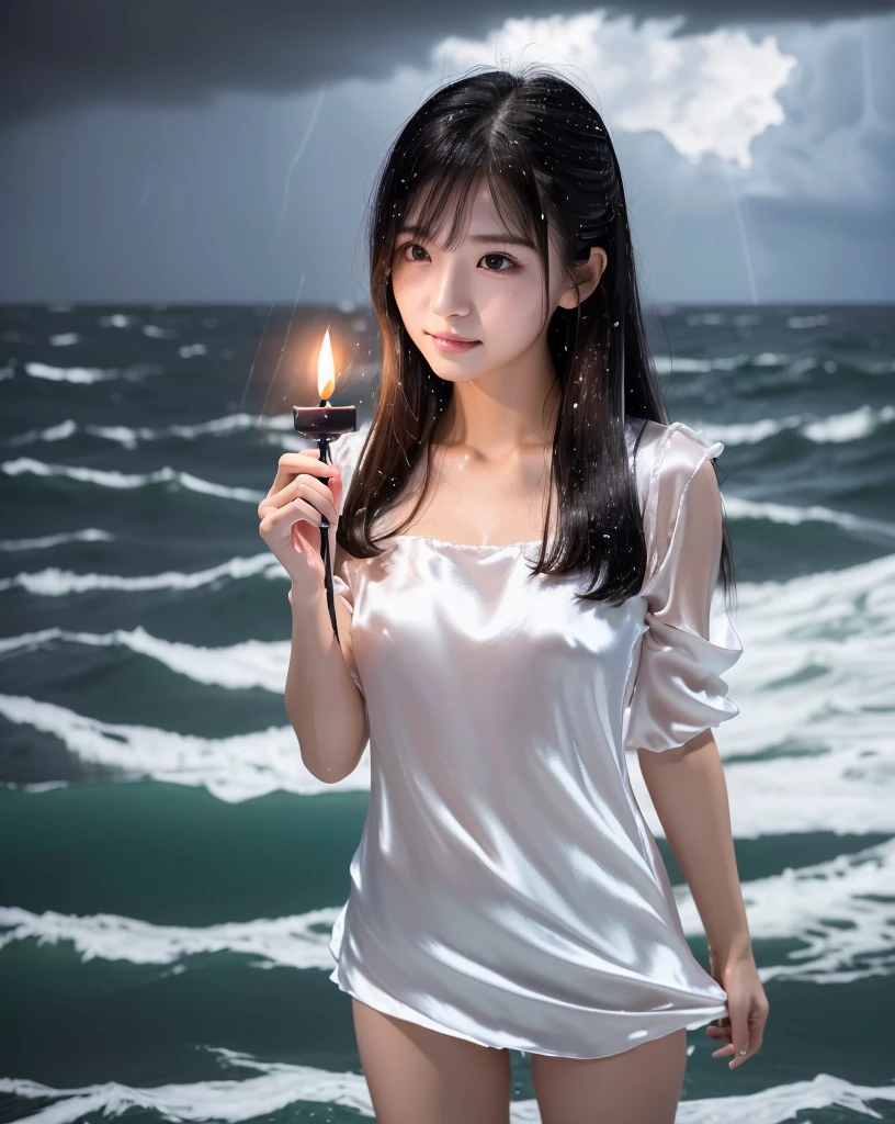 (Highest quality, 32k, High resolution, Masterpiece:1.5, ), marimo_jet, god々A photograph with brilliant dazzling and healing power., Representing the end of despair and the beginning of hope, Expressing emotions, Have a rich imagination, ((嵐でRough seas原に立つgod々Shii Girl:1.4)), The deep kindness of women begins to shine in the darkness., Beautiful Japanese Girls, ((whole body:1.６)), An exceptionally beautiful face, Small Face Beauty, Perfect Human Anatomy, Magical big eyes, Motherhood and generosity, Deep Love, fleeting smile, Shiny black hair, ((Beautiful, wind-blown, super long, straight silk hair:1.3)), Asymmetrical bangs, Hair between the eyes, Transparent, soft white skin, Sharp eyebrows, Thin lashes, Natural Makeup, Cheek highlighter, Pale pink detailed lips, ((White dress:1.3)), ((Holding a small lit candle carefully in both hands:1.3)), ((High resolutionの美しい太もも, Beautiful legs), ((Rough seas:1.5)), ((Dark background with black clouds and heavy rain:1.4)), Professional Photographer, Professional Lighting, Professional Model