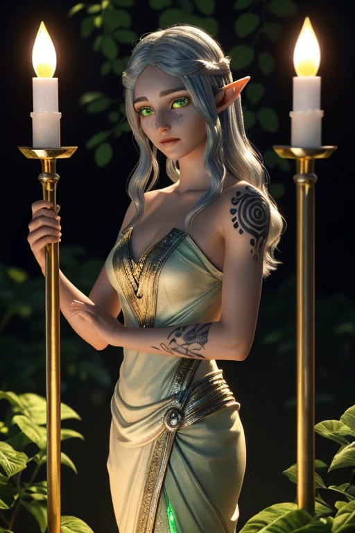 Arya, the beautiful fair-skinned female elf with a slight golden hue and silver hair, offers a sacrifice on an altar. His green eyes are full of solemnity, and his bioluminescent vine-shaped tattoo on his left arm glows brightly. The lighting is vibrant and bioluminescent, with soft focus and ultra detailed 3D rendering style.