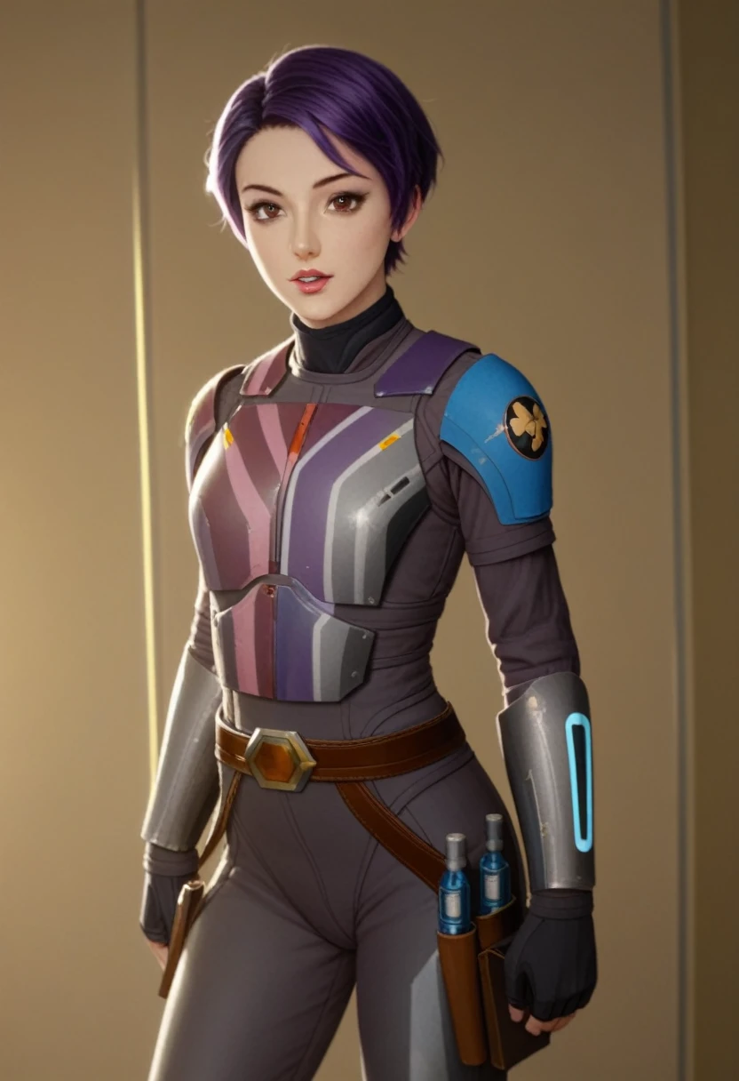 score_9_up, score_8_up, score_7_up, 1girl, solo, mature female, ((Sabin Wren)), purple short  hair, pixie haircut, brown eyes, pink lips, parted lips, fit slim body, (((Sabin’s armored suit, brown belt with holster))), (((dark grey Starship room, space in the porthole, detailed furniture, highly detailed interior, blue led backlight))), perfect model body, seductive pose