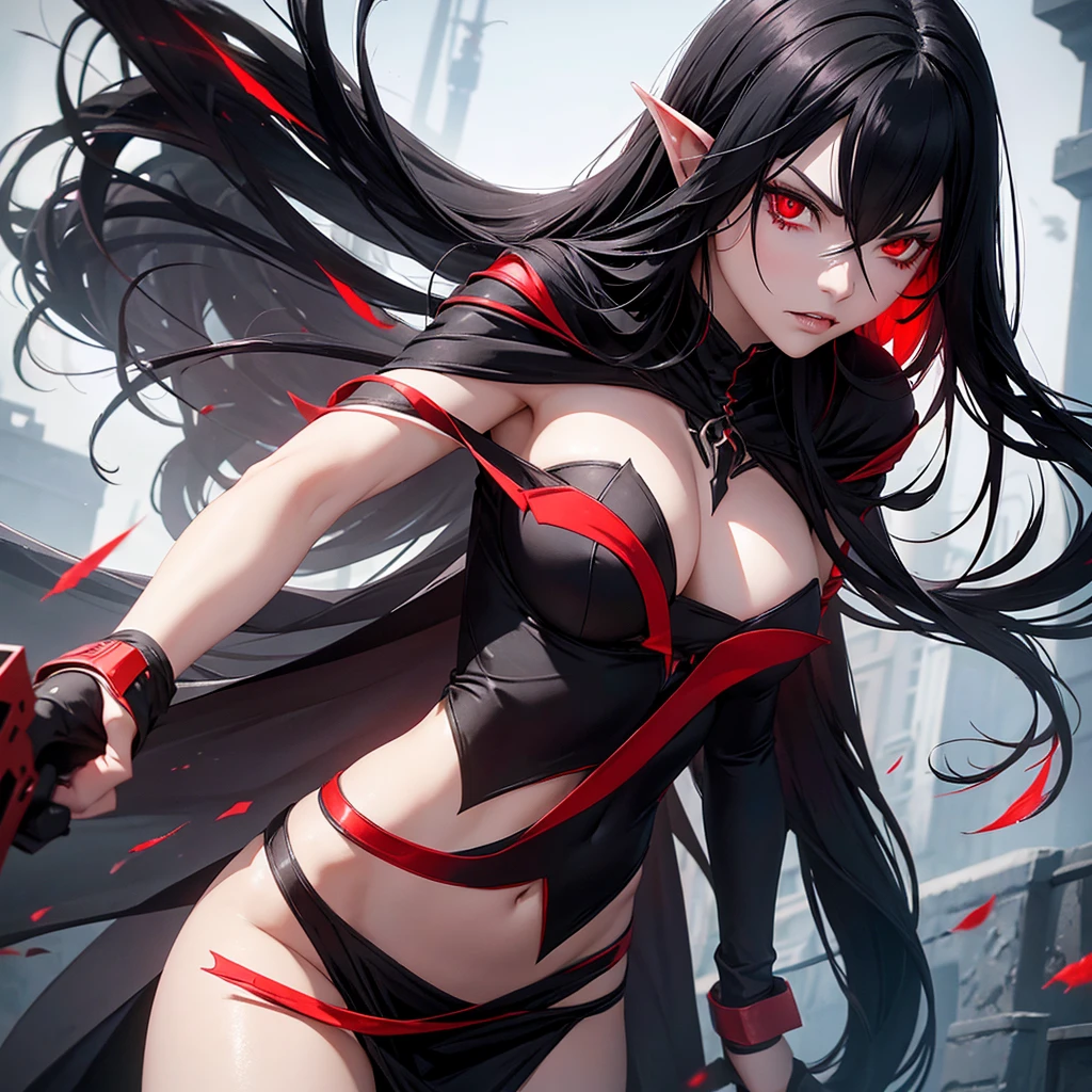 Make a dark elf with long black hair, Eyes red, long black dress, holding angry red combat knives Make her look pretty with a beautiful body Make her look like she's going to attack someone in a chaotic setting
