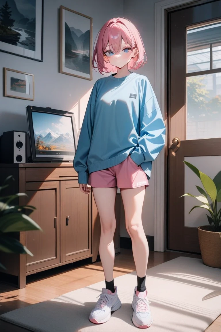 1girl, pale, pink hair, short hair, hair between eyes, blue eyes, masterpiece, best quality, absurdres, very aesthetic, newest, General