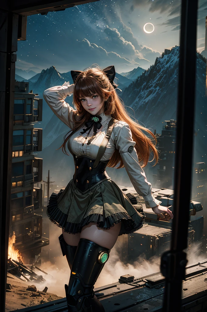 cowboy shot, (dynamic pose), smile, underbust, Penny Polendina, long hair, neck ribbon, suspender skirt, corset, black bow, white blouse, mechanical legs, neon trim, standing, ((people in city ruins on hill, overlooking valley)), BREAK night, stars, moon, snow, BREAK mountains in background, waterfall, vehicle wreck, ((people in military uniform)), bonfires, post-apocalypse, dystopian future, (volumetric lighting), intricate details, tonemapping, sharp focus, hyper detailed