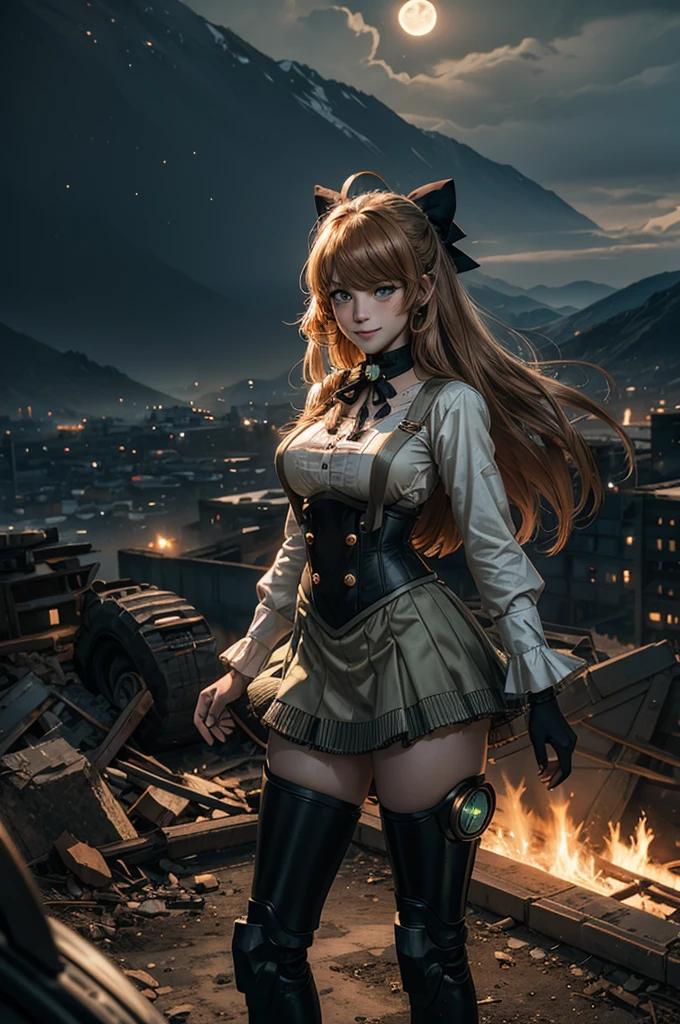 cowboy shot, (dynamic pose), smile, underbust, Penny Polendina, long hair, neck ribbon, suspender skirt, corset, black bow, white blouse, mechanical legs, neon trim, standing, ((people in city ruins on hill, overlooking valley)), BREAK night, stars, moon, snow, BREAK mountains in background, waterfall, vehicle wreck, ((people in military uniform)), bonfires, post-apocalypse, dystopian future, (volumetric lighting), intricate details, tonemapping, sharp focus, hyper detailed