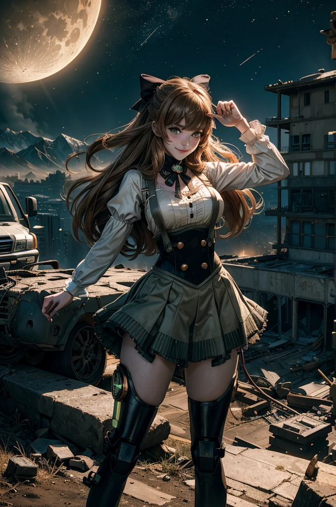 cowboy shot, (dynamic pose), smile,  underbust, Penny Polendina, long hair, neck ribbon, suspender skirt, corset, black bow, white blouse, mechanical legs, neon trim, standing, ((people in city ruins on hill, overlooking valley)), BREAK night, stars, moon, snow, BREAK mountains in background, waterfall, vehicle wreck, ((people in military uniform)), bonfires, post-apocalypse, dystopian future, (volumetric lighting), intricate details, tonemapping, sharp focus, hyper detailed

