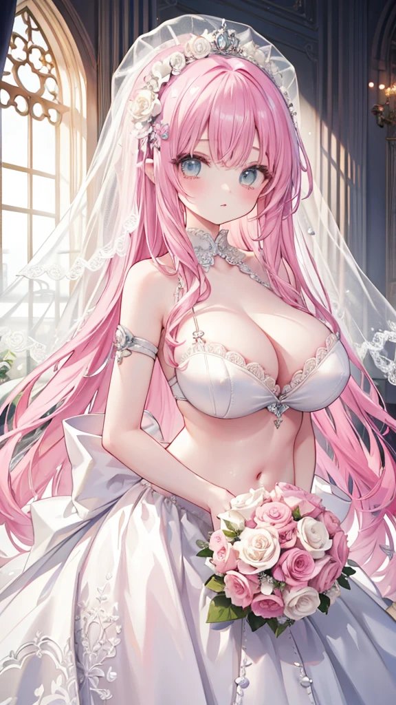 Highest quality、Masterpiece、Super detailed、Big Tits、Too big breasts、Light pink hair、Fluffy and soft long hair、Aquamarine Eyes、Belly button、Association、Wedding dress、bouquet、Lace veil