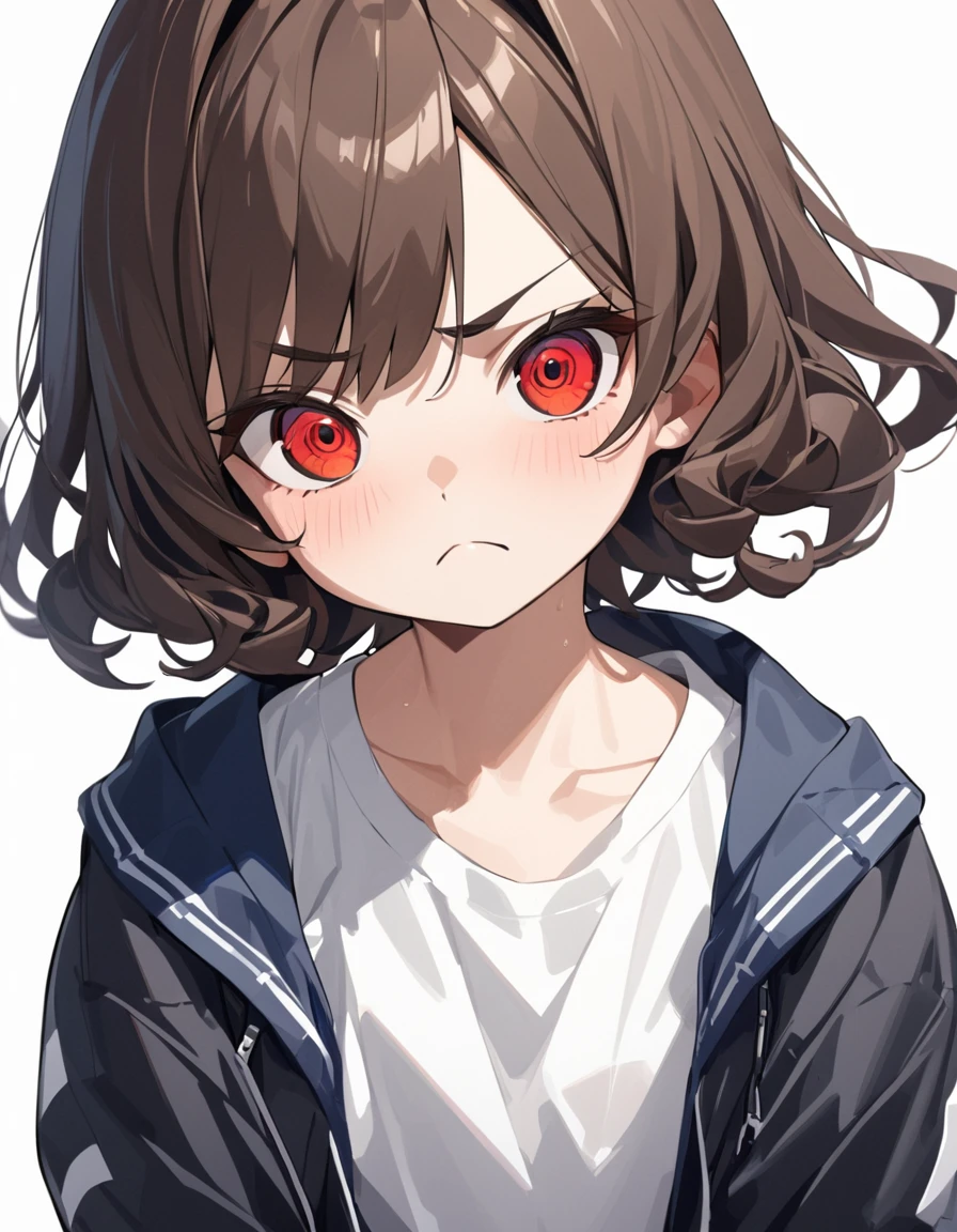 1girl, {masterpiece,best quality,ultra-detailed,beautiful detailed eyes}, {dark brown hair, chestnut hair, short hair, short twin tail, low twin tail,, curly hai}, {Gradient eyes from black to red, round eyes, cute eyes}, cute girl, ,(white t-shirt, dark blue windbreaker}, frown,angry, kubrick stare, , {simple background,white background}