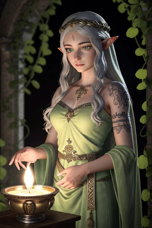 Arya, the beautiful fair-skinned female elf with a slight golden hue and silver hair, offers a sacrifice on an altar. His green eyes are full of solemnity, and his bioluminescent vine-shaped tattoo on his left arm glows brightly. The lighting is vibrant and bioluminescent, with soft focus and ultra detailed 3D rendering style.