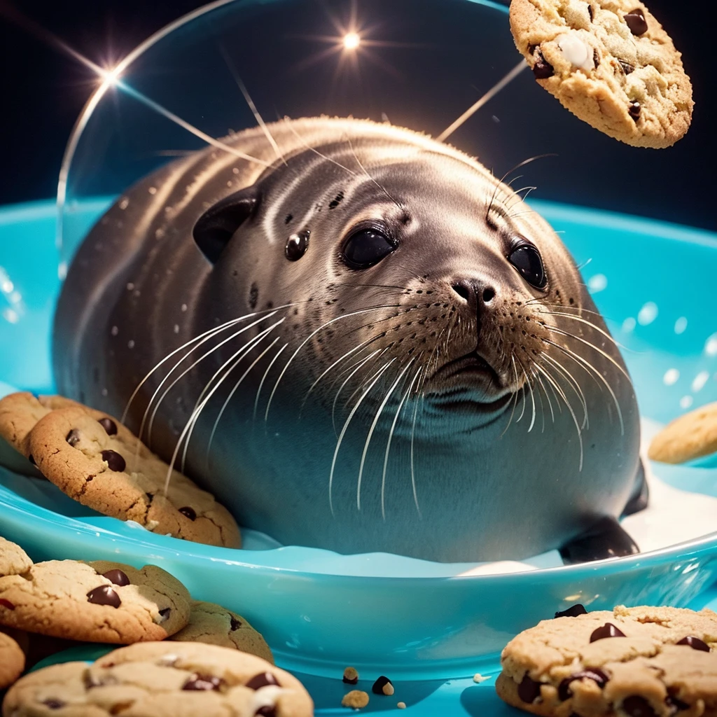 A cute space-dwelling spotted seal is eating a cookie with relish.