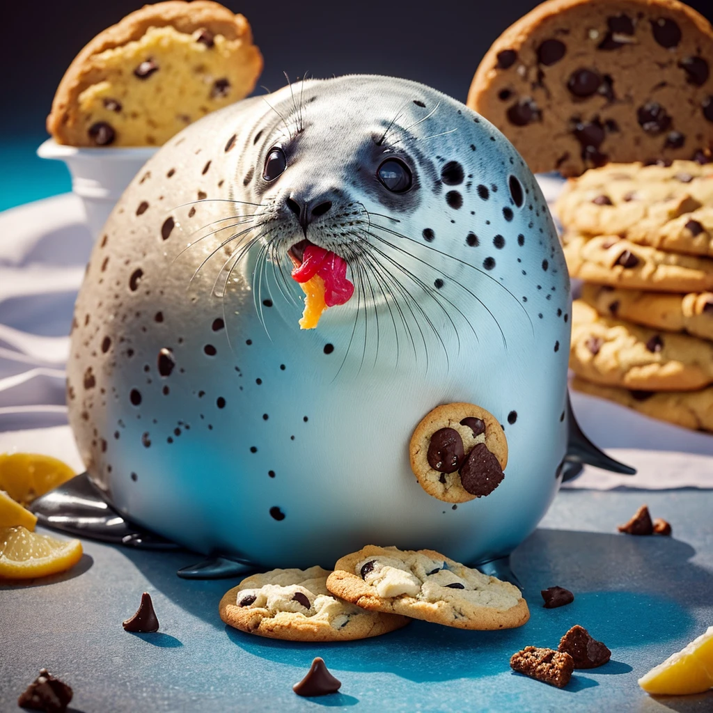 A cute space-dwelling spotted seal is eating a cookie with relish.