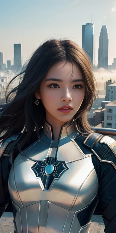 (1 girl:1.3), standing alone, (((Very face detailed)))), ((very detailed eyes and face)))), Olhos comelys e detalhados, Body parts__, offcial art, 8k unified wallpaper, super verbose, comely and comely, comely, work of art, best qualityer, original, work of art, super fine photo, best qualityer, Super high resolution, realistic realism, lighting sun, full - length portrait, wonderful beauty, dynamic pose, 精致的面容, vibrant eyes, (from the front), she wears Spider-Man suit, esquema de cores vermelho e preto, Spiderwomam, fundo de rooftop de cidade muito detalhado, rooftop, overlooking the city, face detailed, detailed complex busy background, messy, marvelous, White milk, highly detailed skin, realistic skin details, visible pores, Focus Clear, Volumetric fog, 8k hd, dslr, high qualiy, Film grain, skin fair, photographic realism, Lomography, futuristic dystopian megalopolis, translucent