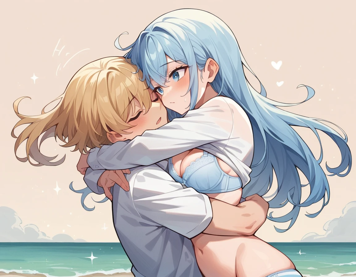 (highest quality:1.2, Very detailed, up to date, Vibrant, Ultra-high resolution, High Contrast, masterpiece:1.2, highest quality, Best aesthetics), Portraiture、girl、slim, ((1 boy and 1 girl are having sex:1.9)), ((standing doggy:1.5)), hug from behind, Bright colors、Beautiful fine details、Beautiful lip detail、long hair, ((wavy hair:0.4))、messy hair, blonde and blue ((streaked hair:1.3)), highlights hair: 1.3, (medium breast:1), (tan skin:1.3), ((nsfw:1.5)), aroused, on bed, cowboy shot, side view