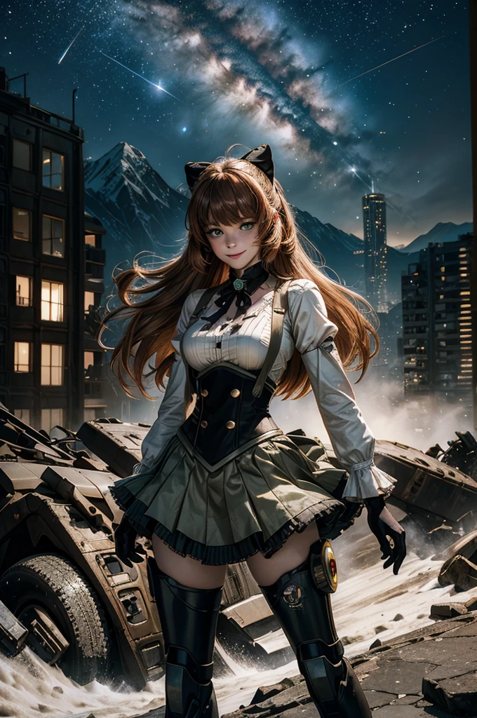 cowboy shot, (dynamic pose), smile,  underbust, Penny Polendina, long hair, neck ribbon, suspender skirt, corset, black bow, white blouse, mechanical legs, neon trim, standing, ((people in city ruins on hill, overlooking valley)), BREAK night, stars, moon, snow, BREAK mountains in background, waterfall, vehicle wreck, ((people in military uniform)), bonfires, post-apocalypse, dystopian future, (volumetric lighting), intricate details, tonemapping, sharp focus, hyper detailed

