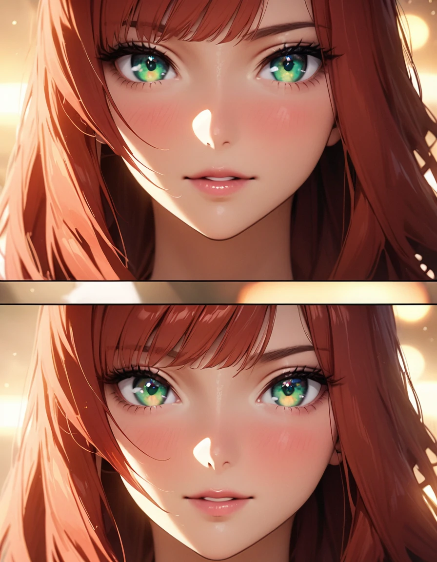 masterpiece, highest quality, movie stills, high resolution, perfect skin, perfect face, 1 woman, beautiful adult woman, redhead, very long auburn straight hair, bangs, aquamarine-green eyes, shiny eyes, brown pupils, close, bright, lustful, warm and soft lighting, (spark:0.7), portrait, eye focus, two colors eye