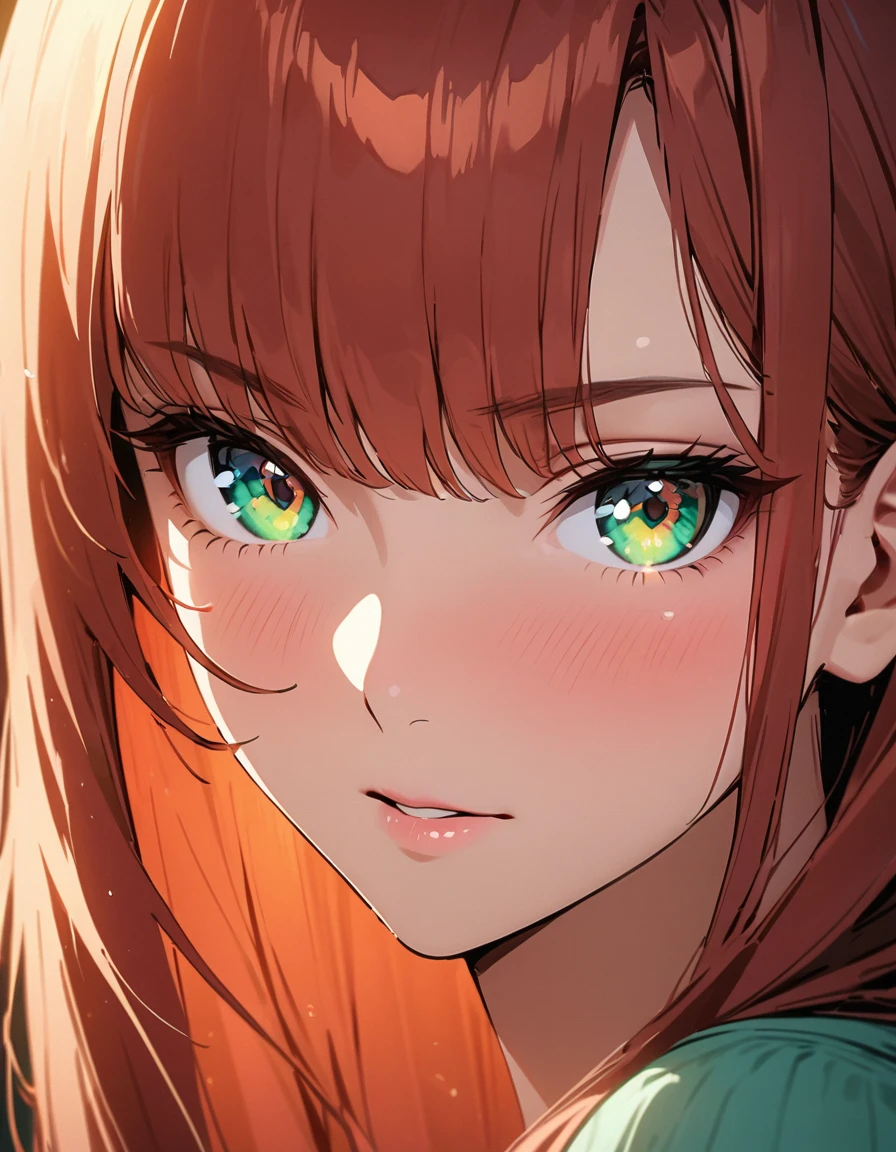 masterpiece, highest quality, movie stills, high resolution, perfect skin, perfect face, 1 woman, beautiful adult woman, redhead, very long auburn straight hair, bangs, aquamarine-green eyes, shiny eyes, brown pupils, close, bright, lustful, warm and soft lighting, (spark:0.7), portrait, eye focus, two colors eye