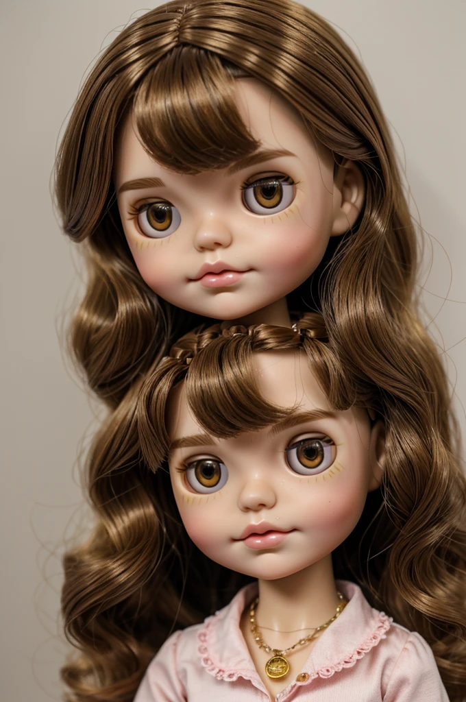 Create a small blythe doll without a pompadour, brown wavy hair, light brown eyes, clear skin, pink lips, with a flower shirt and a golden necklace