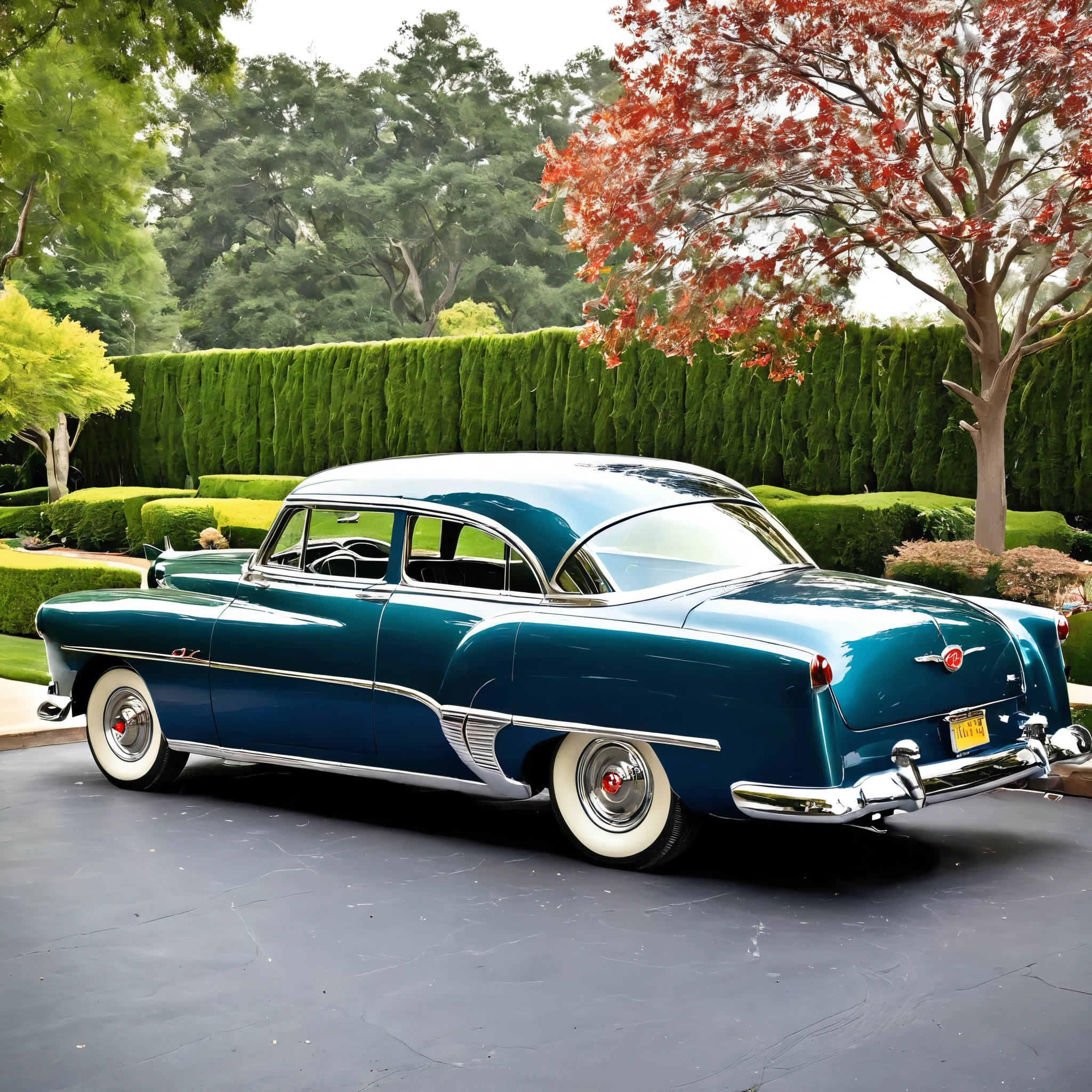 In the driveway, place a well-preserved classic 1950s car, capturing the essence of that era. The car should gleam in the sunlight, showcasing the impeccable design and elegance of the 1950s automotive style.