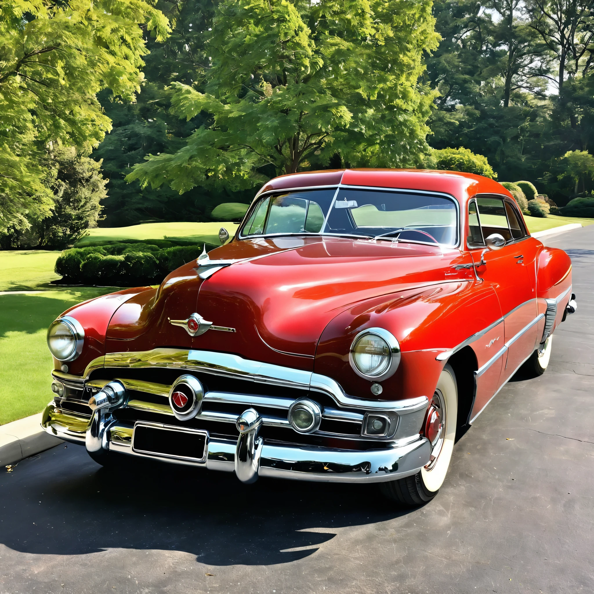 In the driveway, place a well-preserved classic 1950s car, capturing the essence of that era. The car should gleam in the sunlight, showcasing the impeccable design and elegance of the 1950s automotive style. 
