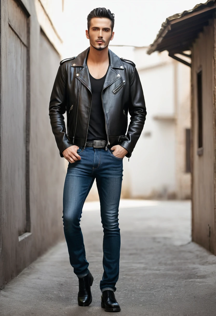 a man handsome wearing a leather jacket, tight jeans trousers, smoking hot, taking cigarette, posting packed, posting for pictures, highly detailed face, standing full body