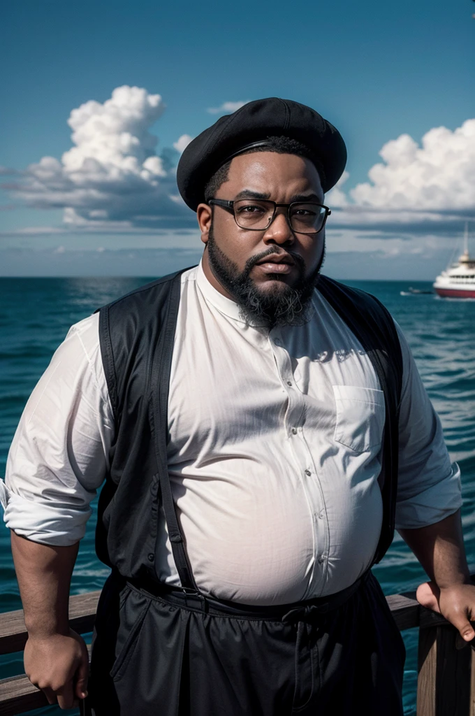 hyper-realistic image of a fat black man, dark-skinned, bald, black beard, big head, medium height, wearing square black-framed glasses, he is on the edge of the pier with the Titanic sinking and split in half when hitting the iceberg behind him, wearing period clothes, seen from the front, full body, wide image, in the year 1912, photograph with color and appearance of an image from the past