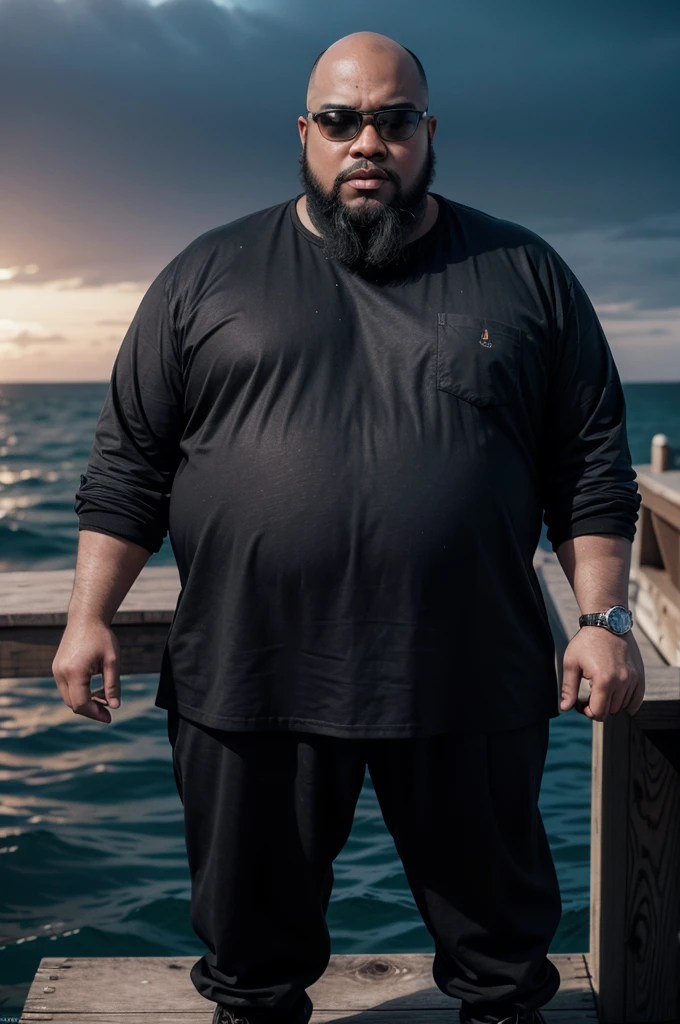 hyper-realistic image of a fat black man, dark-skinned, bald, black beard, big head, medium height, wearing square black-framed glasses, he is on the edge of the pier with the Titanic sinking and split in half when hitting the iceberg behind him, wearing period clothes, seen from the front, full body, wide image, in the year 1912, photograph with color and appearance of an image from the past