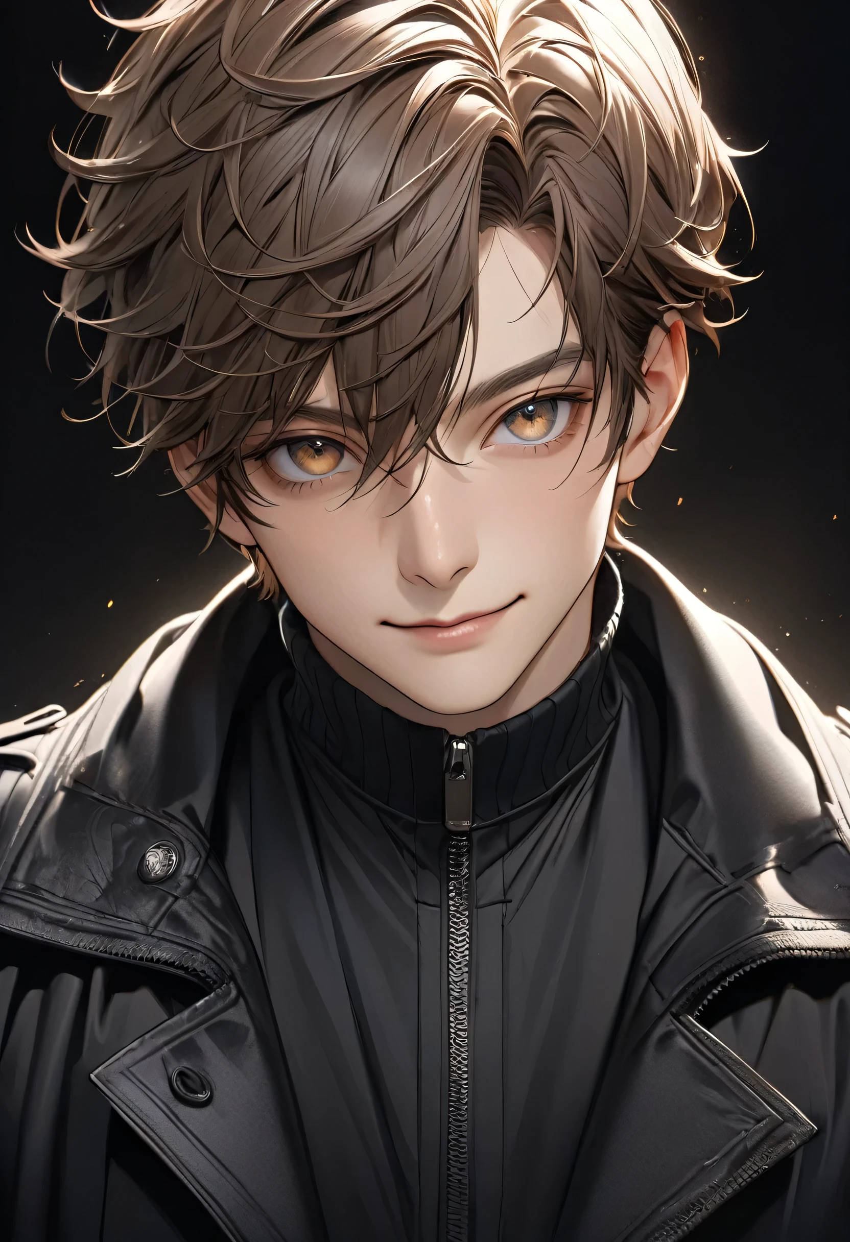 Handsome mature young boy dynamic full body photo, Close up of brown haired man wearing black windbreaker( complete anatomy ) face side close-up. detailed face. realistic eyes.
The face and eyes are really detailed.. sensitive skin.、sensitive skin group smile, black trench coat dark shadow background, black soft light, professional photography master'illustration, group, complicated, obvious,
A high quality masterpiece,Extremely complicated and exquisitely detailed, very detailed, very detailed digital art