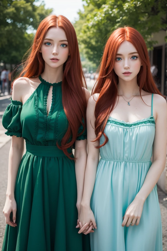 (Two heads), (masterpiece, best resolution), (2heads:1.5) woman with two heads, 1girl, with red hair and blue dress with green eyes and a blue dress with a black belt, zerochan art, [ 4 k digital art ]!!, pixiv 3dcg, at pixiv,made with anime painter studio, anime moe artstyle, twintails, painted in anime painter studio, digital art on pixiv