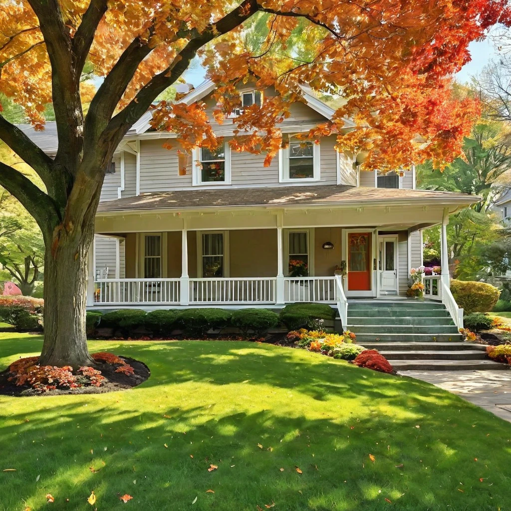 Generate a nostalgic AI image of a classic 1950s multi-story home with a wrap-around porch. The scene should evoke a sense of tranquility and nostalgia. It's a bright mid-day in autumn, with a perfectly manicured front lawn adorned with colorful flowers. A majestic maple tree, its leaves turned shades of orange and red, stands tall in the front yard, casting dappled shadows on the green grass.