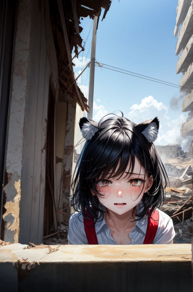 Nine year old  crying, black hair with white highlights and black tiger ears, eyes black,She is in a building that was destroyed.