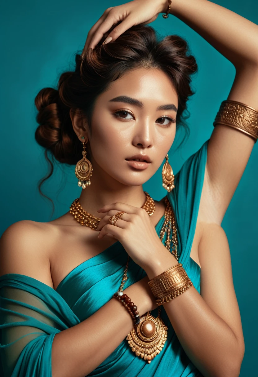 (A half-asian, asian-european, woman in the style of a greek goddess. bronze skin. Aphrodite, goddess, divine aura) (teal and bronze colours) (high contrast background) (wearing ancient jewellery on upper arms, neck, wrists, fingers) (polaroid camera) (RAW photo, nikon, 8k, Super detailed, advanced details, intricate details, Super detailed) ((on a deserted Mediterranean beach)) ((walking away from the viewer into the sea)) (((showing her pert round ass))) ((shot from behind))