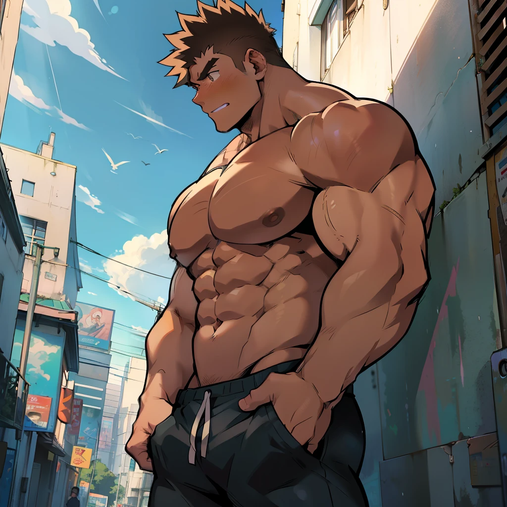 ((Anime style art)), Extremely muscular masculine character, bodybuilder body, shirtless, topless, hands raised at neck level, The character is leaning against a wall. Pockets, Futuristic cityscape, Busy route, Buildings, person
AS & Vehicles. Main character from the anime, Nice image, Hard drive, 4k, Main character leaning against a wall with his hands at face level.