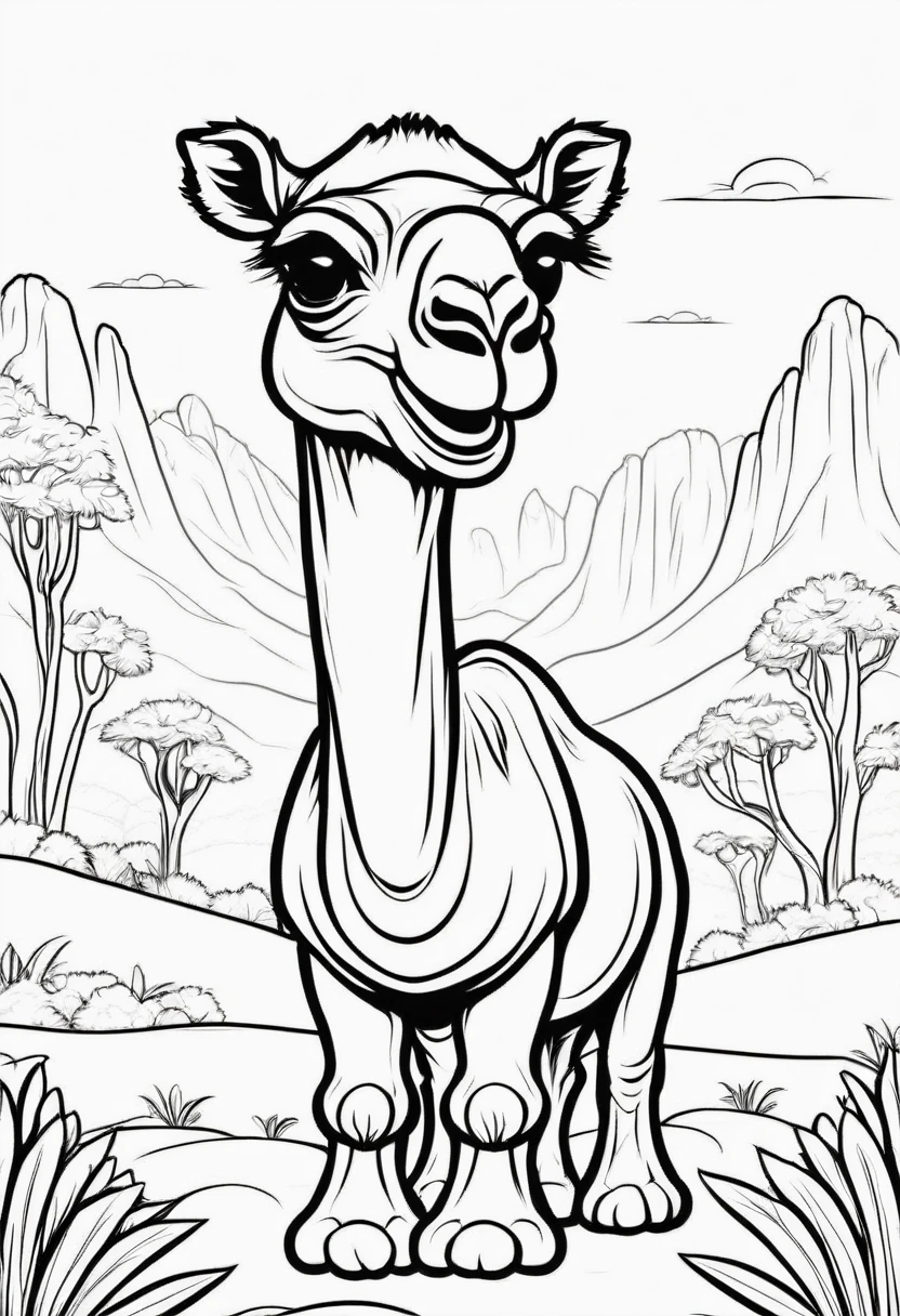 a cute and cuddly baby camel , SMILE, whole body, In nature, Cartoon, ,coloring book, Coloring bookAF,