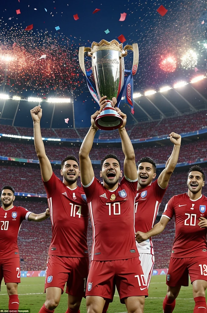 Create an image depicting the Chilean national football team celebrating their victory in the Copa América 2024. The scene should be filled with excitement and joy, showing the players lifting the Copa América trophy with confetti falling around them. The background should feature a packed stadium with cheering fans, some waving Chilean flags. Include elements like the official Copa América 2024 logo, and ensure the players are wearing the Chilean national team uniforms (red shirts, blue shorts, white socks). The overall atmosphere should be vibrant and triumphant, capturing the moment of their historic win.