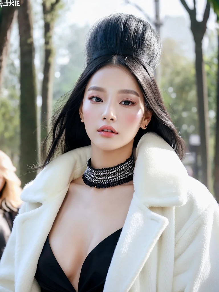 Make an albino woman, beautiful and korean, do it with black eyes, clear and beautiful, make her wear a white coat with a black top, and do it full body and with a very voluminous body, with a lot of skin showing