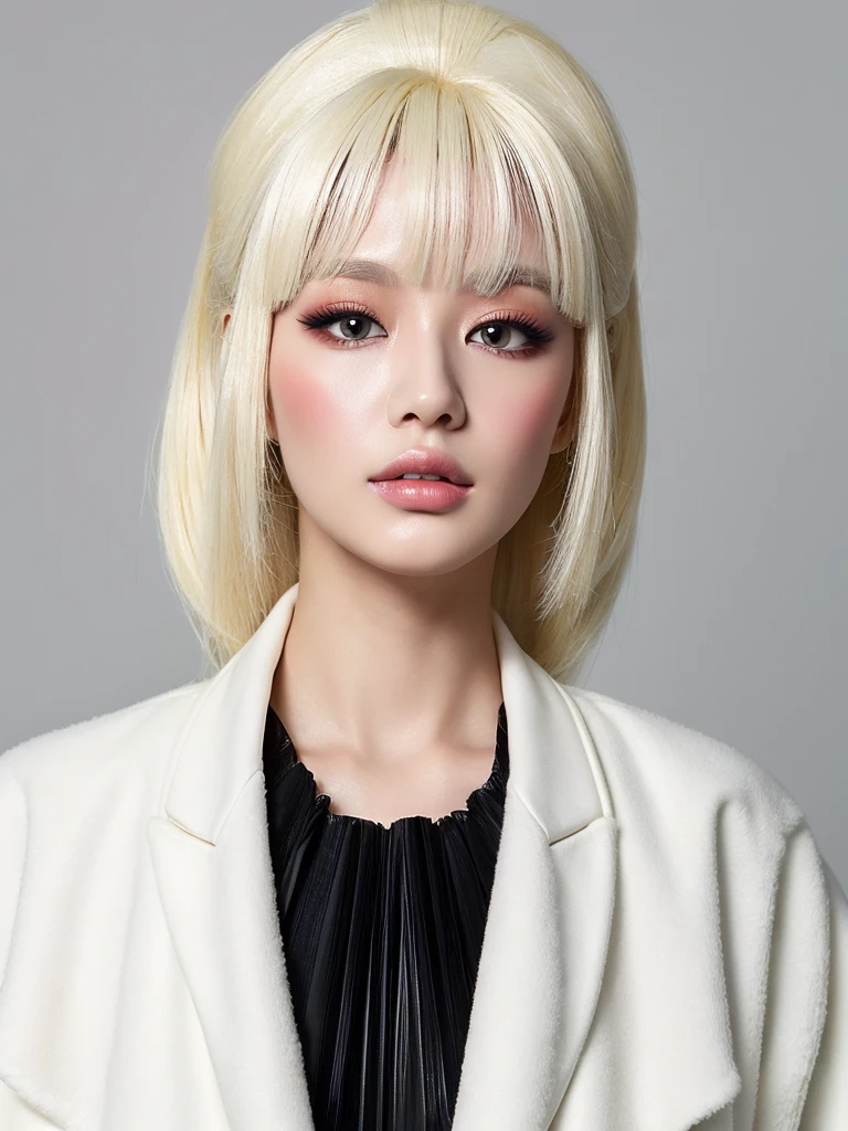 Make an albino woman, beautiful and korean, do it with black eyes, clear and beautiful, make her wear a white coat with a black top, and do it full body and with a very voluminous body, with a lot of skin showing