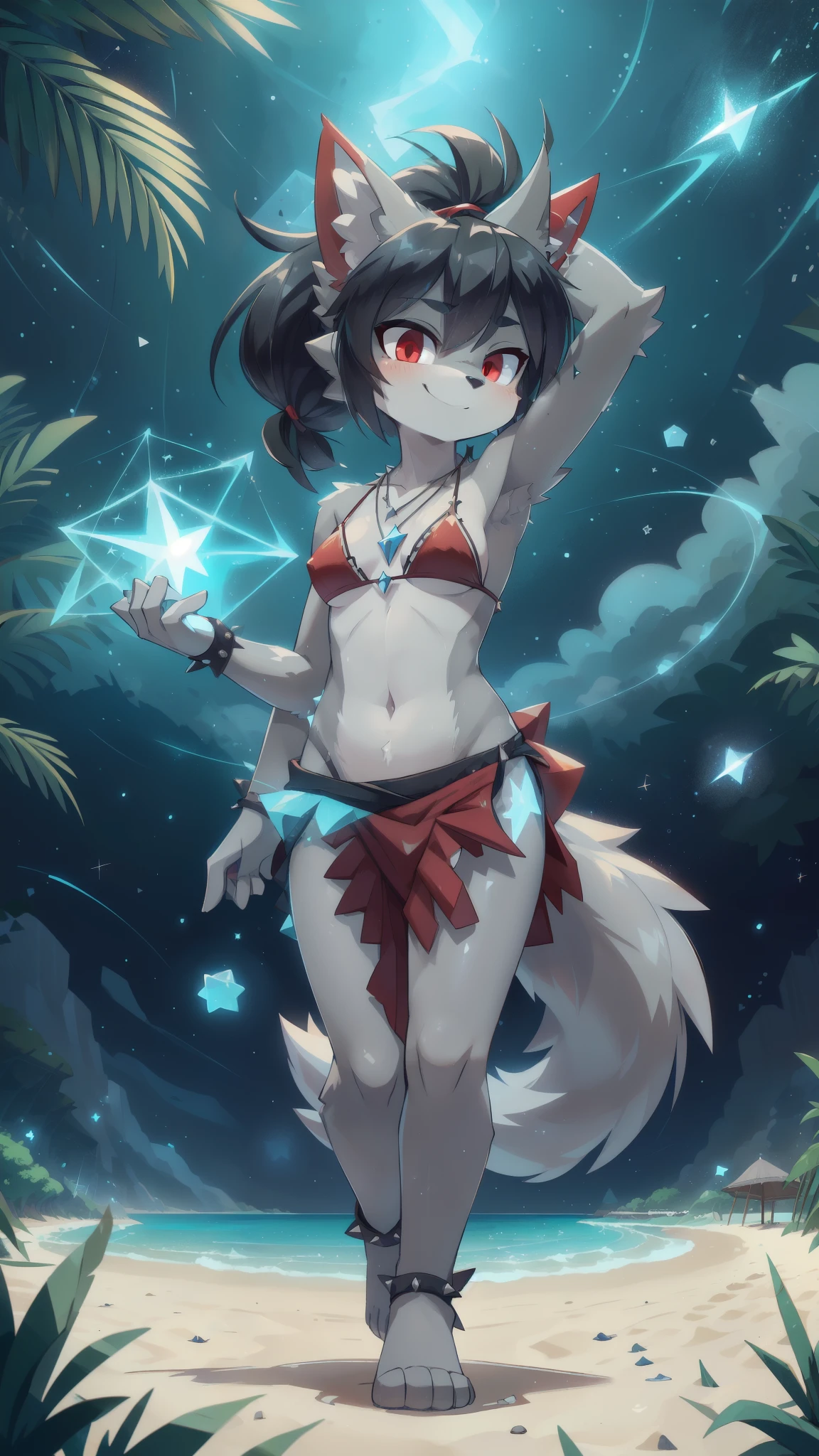score_9,score_8_up,score_7_up, source_cartoon, source_furry, furry girl, wolf, black hair, punk hairstyle, huge long spiky ponytail, anime style, small , red eyes, ((deep red bikini ruffled triangle, high cut bottom, star necklace, beach sarong with shooting stars on hips)), high quality, detailed body, detailed eyes, detailed face, masterpiece, glistening body, detailed body fur, best quality, two tone body, gray fur, clear gray fur, perfect lighting, perfect shadows, perfect eyes, perfect hair, perfect face, gorgeous body, skinny, standing, solo, :3, smilling, beach, clear sky, uperbody, beach, clear sky, hand palm with star magic, star magic effect, magic particles, star magic, magic fight