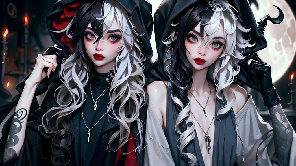 ((best quality)), ((masterpiece)), (detailed), 1girl, solo, beautiful, gothic, witch, gloomy, Asian woman, mature, black clothing, hooded black robe, modest clothing, hood up, goddess of death, blank expression, stoic expression, serious expression, split dye hair, multicolored hair, black and white hair, black dye on right side, white hair on left side, messy hair, bangs, black eyebrows, thick eyebrows, long eyelashes, grey eyes, dark circles under eyes, plump lips, red lipstick, red lips, no skin showing, skinny, pale skin, thin, sickly looking, looking at viewer, holding scythe, in graveyard, Wylona Hayashi, all black clothing, black hood, full body shot, cemetery background, standing, standing in a cemetery, holding scythe, windy, wind blowing, black long sleeves, black witch clothing, black religious clothing