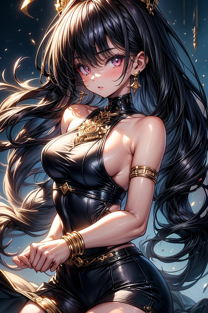 ((highest quality)),(ultra high resolution),(Super detailed),(detailed description),((best CG)),(best work of art),super precision art, great drawing art,(Art with precise details:1.5), (ung girl:1.5), beautiful and well-shaped face:1.5,(Beautiful skin with precise and detailed depiction:1.6),(sleeveless halter neck sports bra and elastic waist band shorts ),gorgeous, masterpiece, best quality, high-resolution, finely detailed, extremely detailed and beautiful, distinct-image, 1 girl, 16 year old teen, solo, sharp facial features, oval shaped face. cherry pink lips, lightly tanned white skin. velvet-colored eyes, C-cup breasts, tall height(175cm), slim yet chiseled body type, short shoulder length dark violet-black hair, small narrow waist, long and slender legs, curvy wide hips, elegant gothic courtyard setting