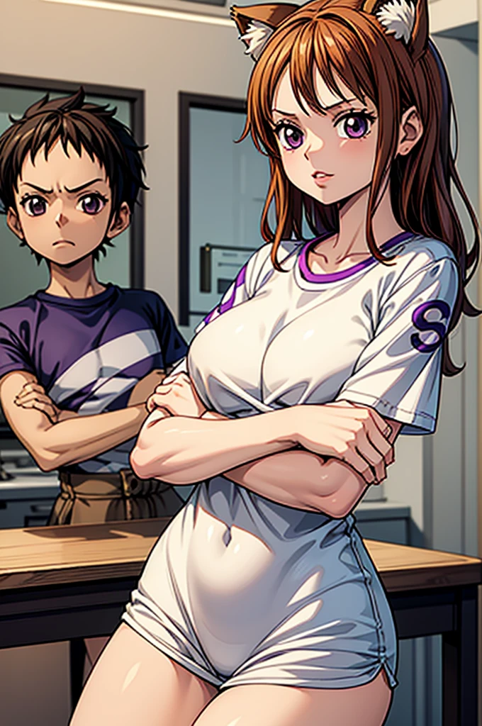 1 female, ONE PIECE STYLE, small kid dog girl, realistic lips oversized white t-shirt going all the way to the thighs, arms crossed propping up breast, hourglass figure, cat ears, in an apartment, sigh, light brown hair, purple eyes, laughing, best quality.