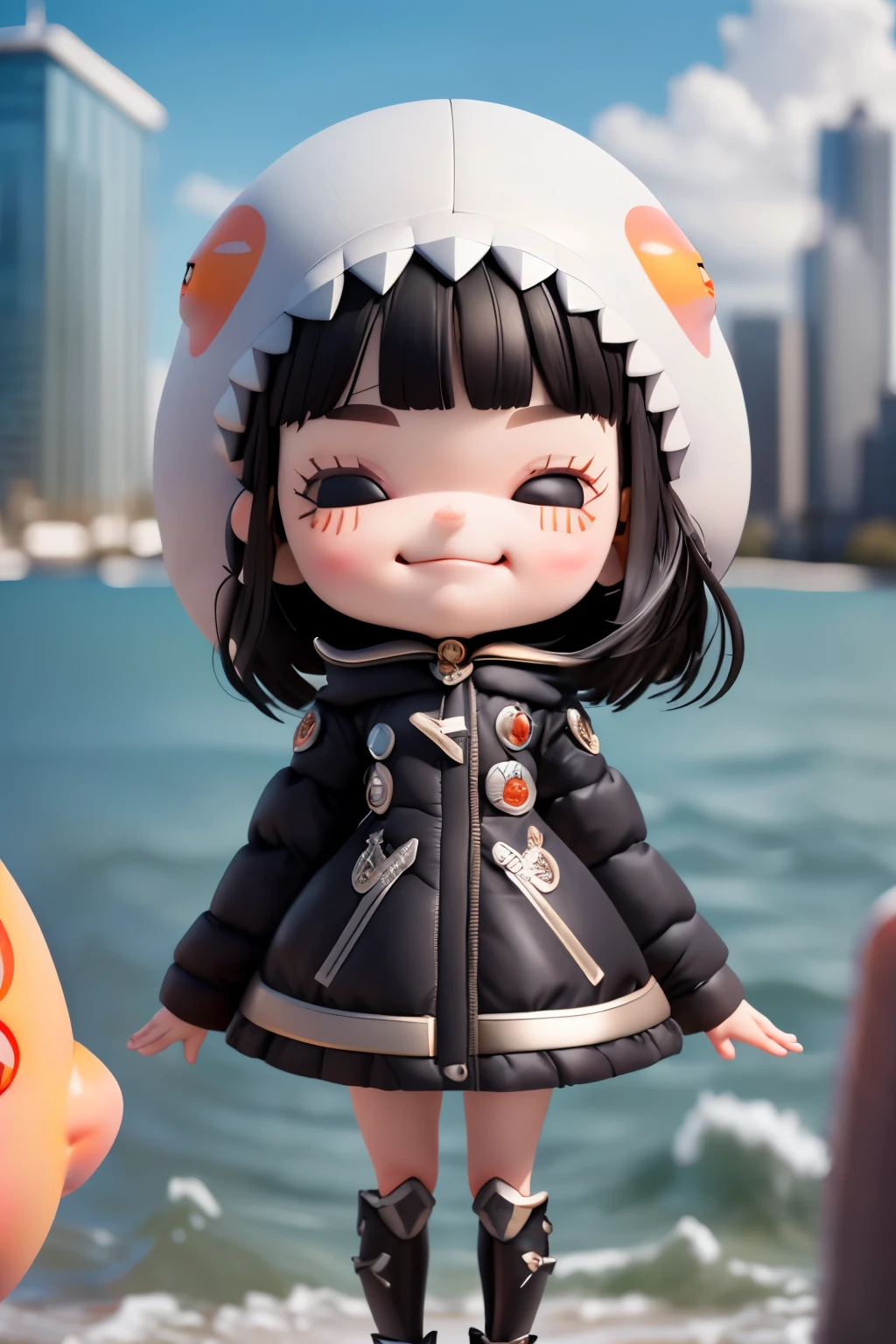 (masterpiece), (Extreme), (Very detailed),(body:1.9),One girl, sunlight, cute, Shark costume, (Big Head:1.8), doll, smile, Open your mouth, city, fashion, coat, blush, wood, shirt, short hair, Silver, Black headdress, Blurred, Long sleeve, bangs, Black Hair, (Beautiful and elaborate face), (Beautiful and detailed),